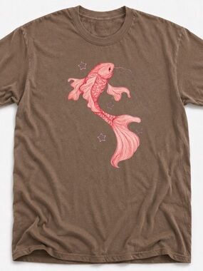 Gildan Brown Tee with Pink Koi Fish Graphic